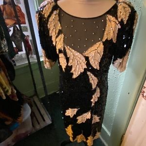 Vintage Black & Ivory Leaf Sequined Dress silk